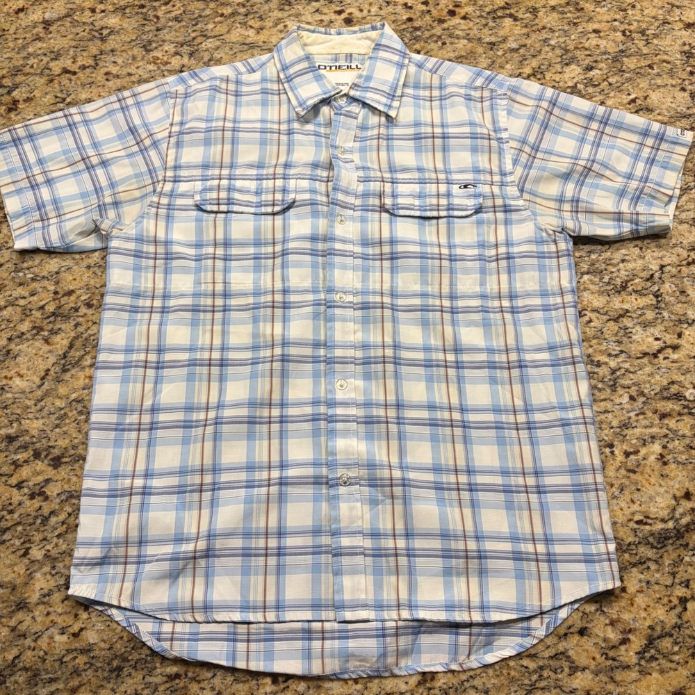 ONeill Americana Mens Large Blue Plaid Short Sleeve Button Up Shirt Pocket